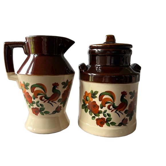 Vtg McCoy Small Canister Rooster Cream Milk Can Pottery Lidded + Syrup Pitcher - Picture 1 of 4